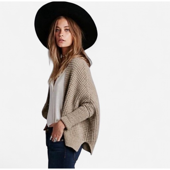 Free People Chunky Waffle Knit Tan Cardigan Sweater S Boho Slouchy Free Ship - Picture 1 of 16
